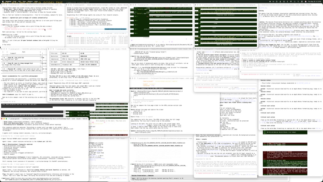 A wall of live terminal build sessions